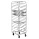 A Channel aluminum sheet pan rack with shelves on wheels.