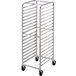 An assembled Channel aluminum sheet pan rack with wheels.