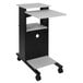 A black and grey Luxor presentation station cart with wheels.