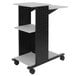 A black and gray Luxor presentation cart with wheels and shelves.