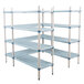 A MetroMax metal shelving unit with blue shelves and S-Hooks.