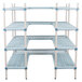 A white MetroMax shelving unit with blue shelves.