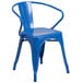 A blue Flash Furniture metal chair with arms.