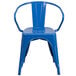 A blue Flash Furniture metal chair with arms and a slat back.