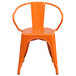 An orange Flash Furniture metal chair with arms and a vertical slat back.