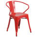 A red Flash Furniture outdoor restaurant chair with arms and a vertical slat back.