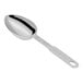 A silver stainless steel measuring scoop with a long handle and a hole in the handle.