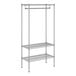 A chrome wireframe garment rack with two shelves.
