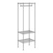 A wireframe chrome Regency garment rack with shelves.