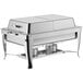 A stainless steel Choice full size folding chafer on a table with a tray on top.