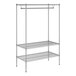 A wireframe of a Regency chrome garment rack with two shelves on it.