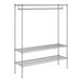 A chrome wireframe garment rack with two shelves.