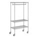 A chrome wire mobile garment rack with wheels.