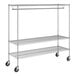 A chrome wire garment rack on wheels.