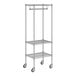 A Regency chrome wire mobile garment rack with two shelves.