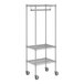 A chrome Regency mobile wire garment rack with wheels.