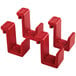 A group of red Rubbermaid utility cart accessory hooks.