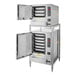 A stack of two Cleveland stainless steel SteamChef ovens with open doors.