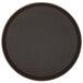 A brown round Cambro non-skid serving tray with a black rim.