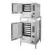 A stack of two Cleveland stainless steel SteamChef ovens with open doors.