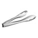 A pair of American Metalcraft stainless steel tongs with a hole in the center.