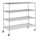 A wire shelving unit with wheels.