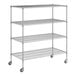 A Regency chrome wire shelving unit with wheels.