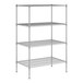 A wireframe metal shelving unit with four shelves.