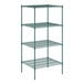 A green wire shelving unit with four shelves.