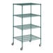 A green Regency wire shelving unit with wheels.