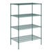 A green wire shelving unit with four shelves.