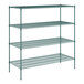 A Regency green wire shelving unit with four shelves.