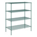 A green metal wire shelving unit with four shelves.