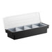 A black condiment bar with four compartments and a clear hinged lid.