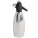 A stainless steel iSi soda siphon cap with a black handle.