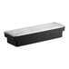 A rectangular black condiment bar with three compartments and a clear plastic lid.