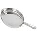 A silver stainless steel skillet with a handle.