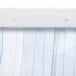 A close-up of a white strip door curtain with blue stripes.