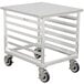 A silver metal DoughXpress mobile cart with wheels.