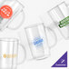 A group of clear GET plastic beer mugs with different logos.