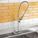 A T&S wall-mounted pre-rinse faucet above a sink.