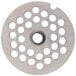 A circular stainless steel Avantco grinder plate with holes.