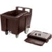 A dark brown Cambro plastic container with sliding lid and wheels.