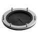 A circular InSinkErator disposer adapter with a black and silver design and screws.