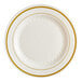 A white plate with a gold rim.