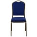 A navy blue Flash Furniture banquet chair with a gold metal frame.