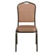 A Flash Furniture banquet chair with a gold fabric cushion and gold vein frame.