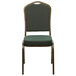 A green Flash Furniture banquet chair with a gold vein metal frame.