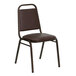 A brown Flash Furniture trapezoidal back banquet chair with a metal frame.