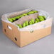 A box of green bananas with a plastic wrap.